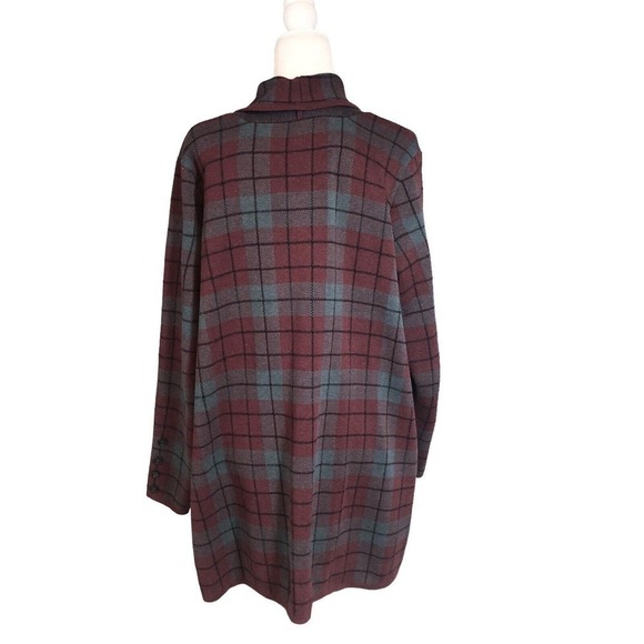 Denim & Co Shacket Women’s 1X Burgundy Gray Box Tartan Plaid Cotton Knit Open - Picture 3 of 12